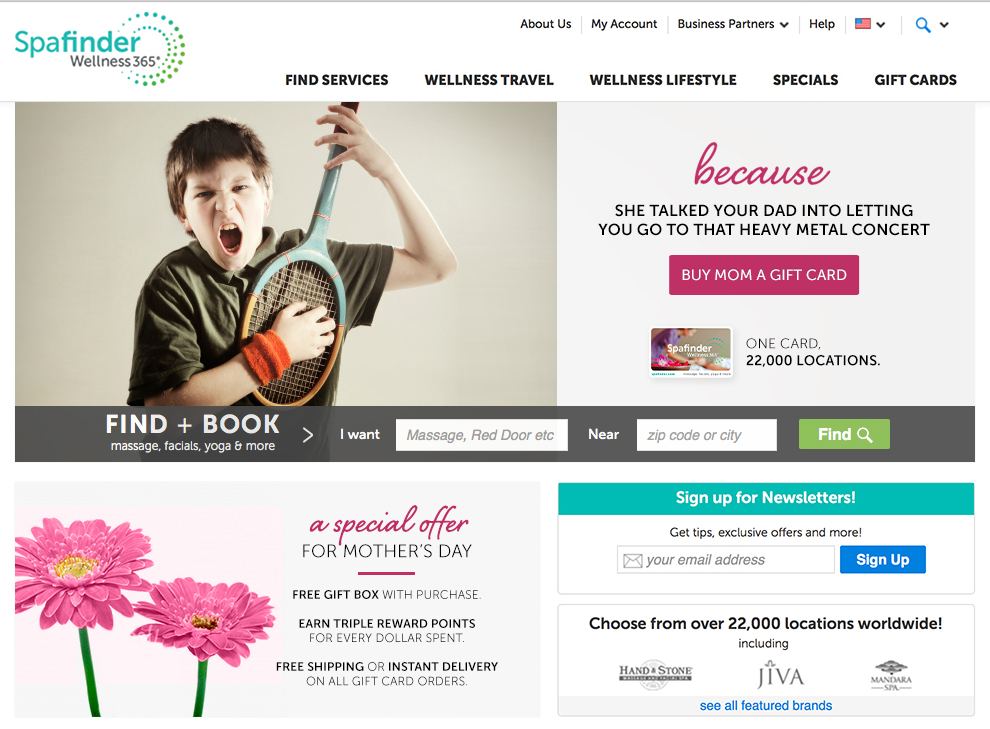 Spafinder Mother’s Day homepage: because she talked your dad into letting you go to that heavy metal concert