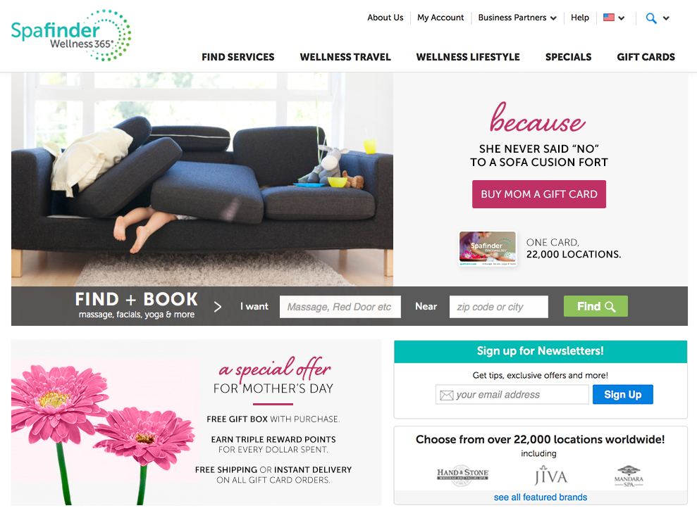 Spafinder Mother’s Day homepage: because she never said no to a sofa cushion fort