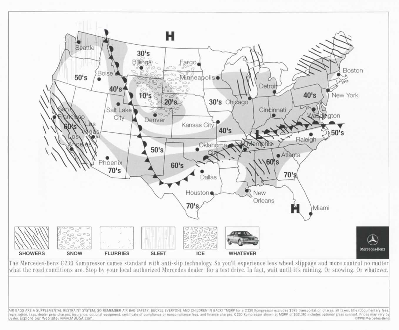 Mercedes-Benz C230 print: weather map. Showers, snow, flurries, sleet, ice, whatever.