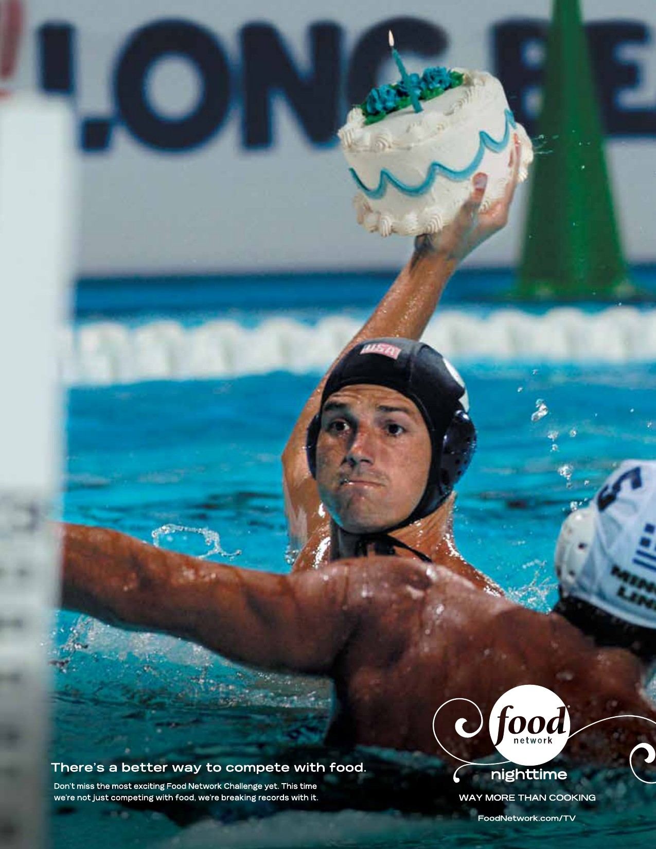 Food Network Challenge print: water polo player with a cake