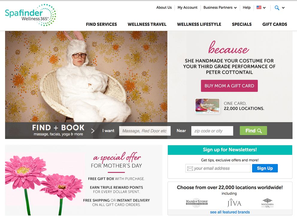 Spafinder Mother’s Day homepage: because she handmade your costume for your third grade performance of Peter Cottontail